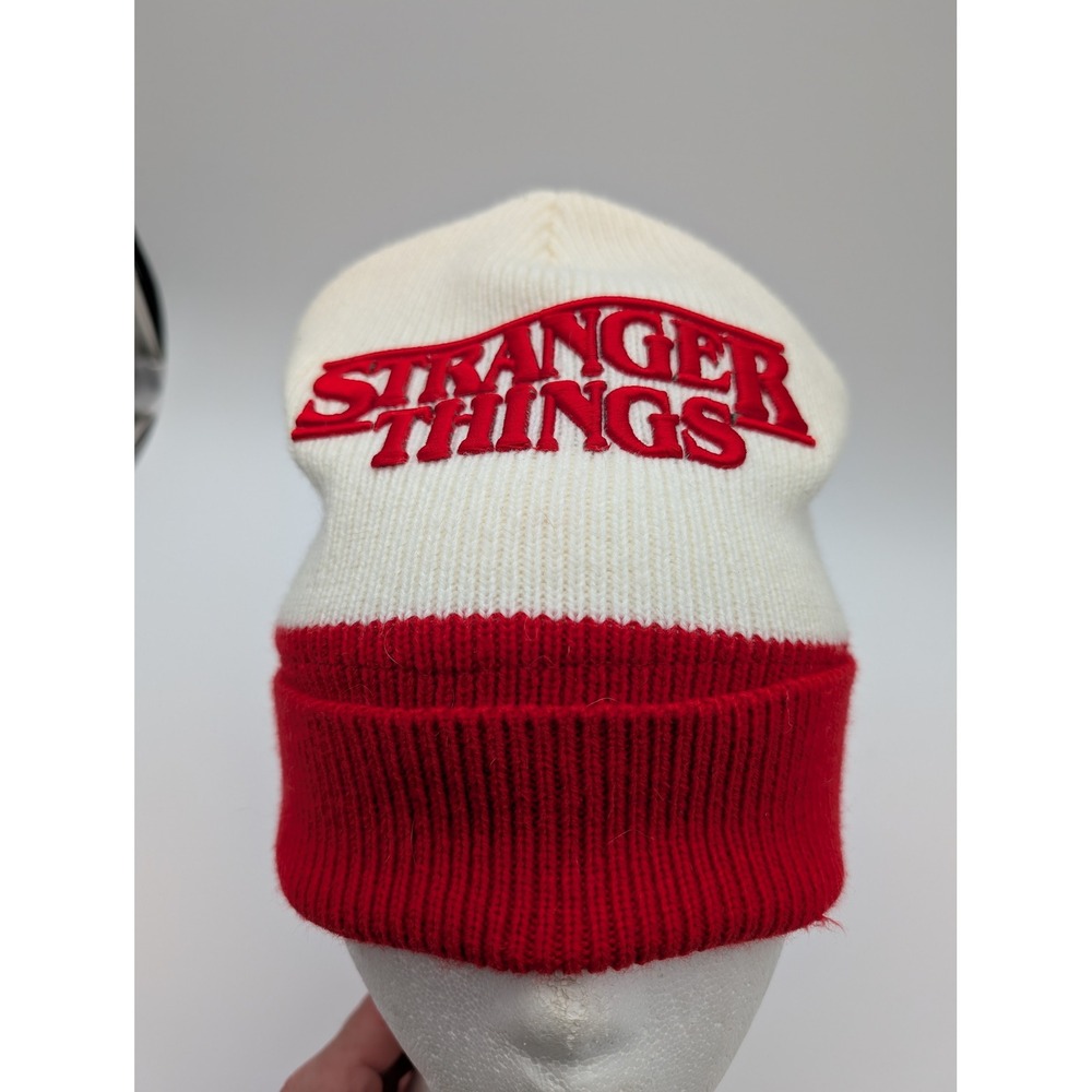 Stranger Things Netflix Knit Beanie Hat White Red Embroidered Logo One Size